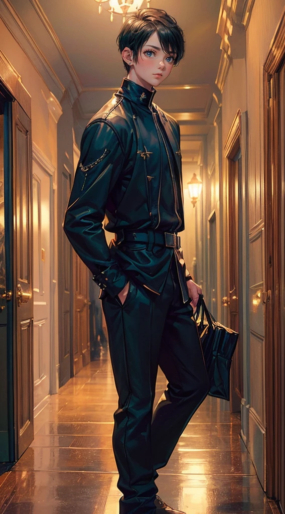 ((4K works))、masterpiece、(top-quality)、One Beautiful Boy、Slim body、tall、((Attractive British style))、(Detailed beautiful eyes)、In the English corridor、Castle inhabited by villains、Black shop window、Corridor at night、((You can see the starry sky from the window))、((dark sky))、((English corridors))、((Shot in a corridor in England))、mid night、((Short-haired black hair))、((Smaller face))、((Neutral face))、((White eyes))、((American adult male))、((Adult male 26 years old))、((Cool Men))、((Like a celebrity))、((Gentle look))、((Korean Makeup))、((elongated and sharp eyes))、((Happy dating))、((boyish))、((Upper body photography))、Professional Photos、((Shot alone))、((Shot from diagonally in front))、((Shot in close proximity to him))、((Focus zoom in))、((He is standing in the hallway))