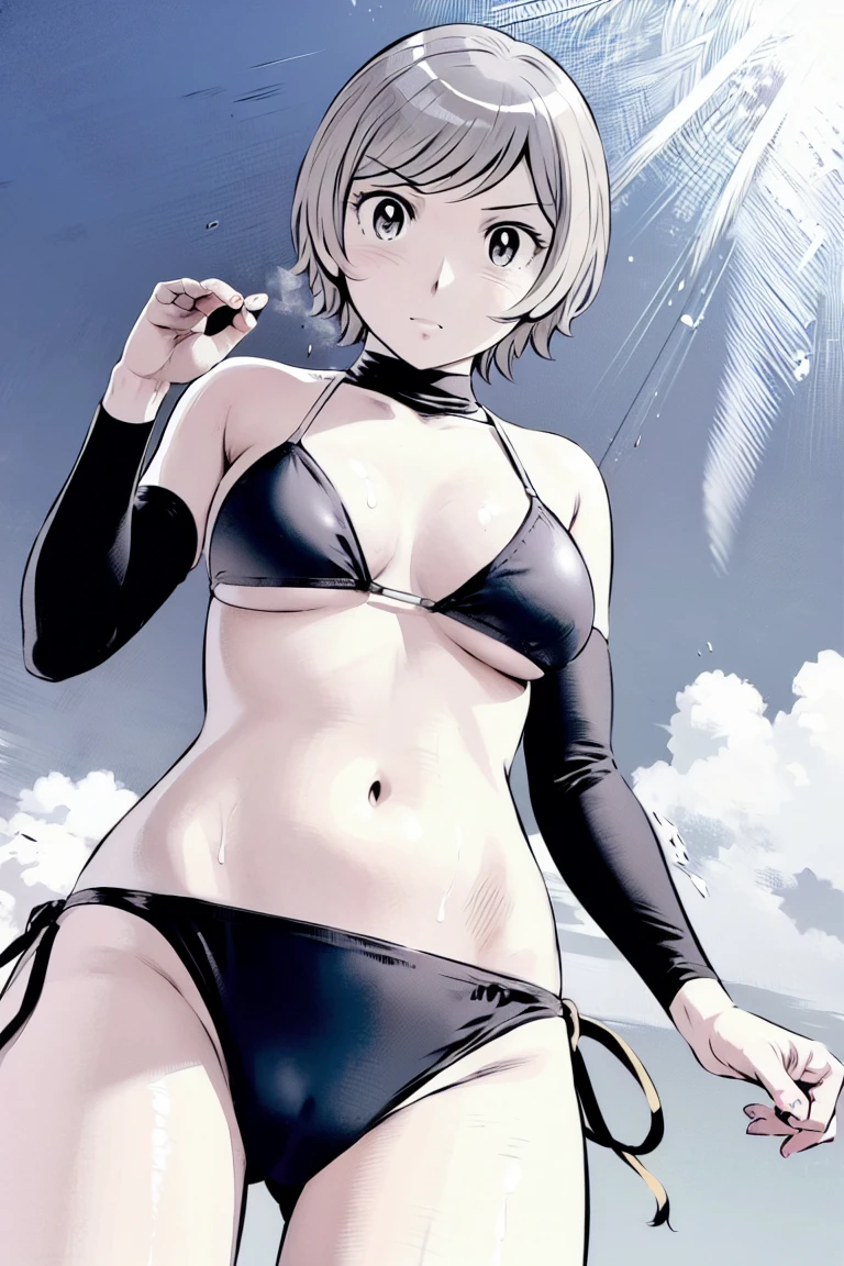 (slingshot bikini:1.2),
Blonde, (short hair:1.2),Illustration of a person、
View your viewers,, (Highest quality:1.3),One Girl, beach、Outdoor、 ground、ground、soil、blue eyeicro Bikini、(masterpiece、Highest quality)、Highest quality, Ultra-high resolution, (((masterpiece))), alone, Large breasts、One Girl, Front view、Embarrassed face、Bronze colored hair、((short hair))、Stand up straight、Cowboy Shot