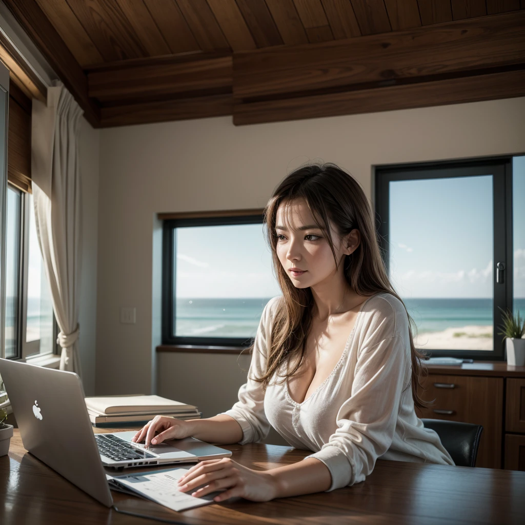 entrepreneurial woman
She is managing her business on the computer
in a house by the sea
realistic, 8k in full hd