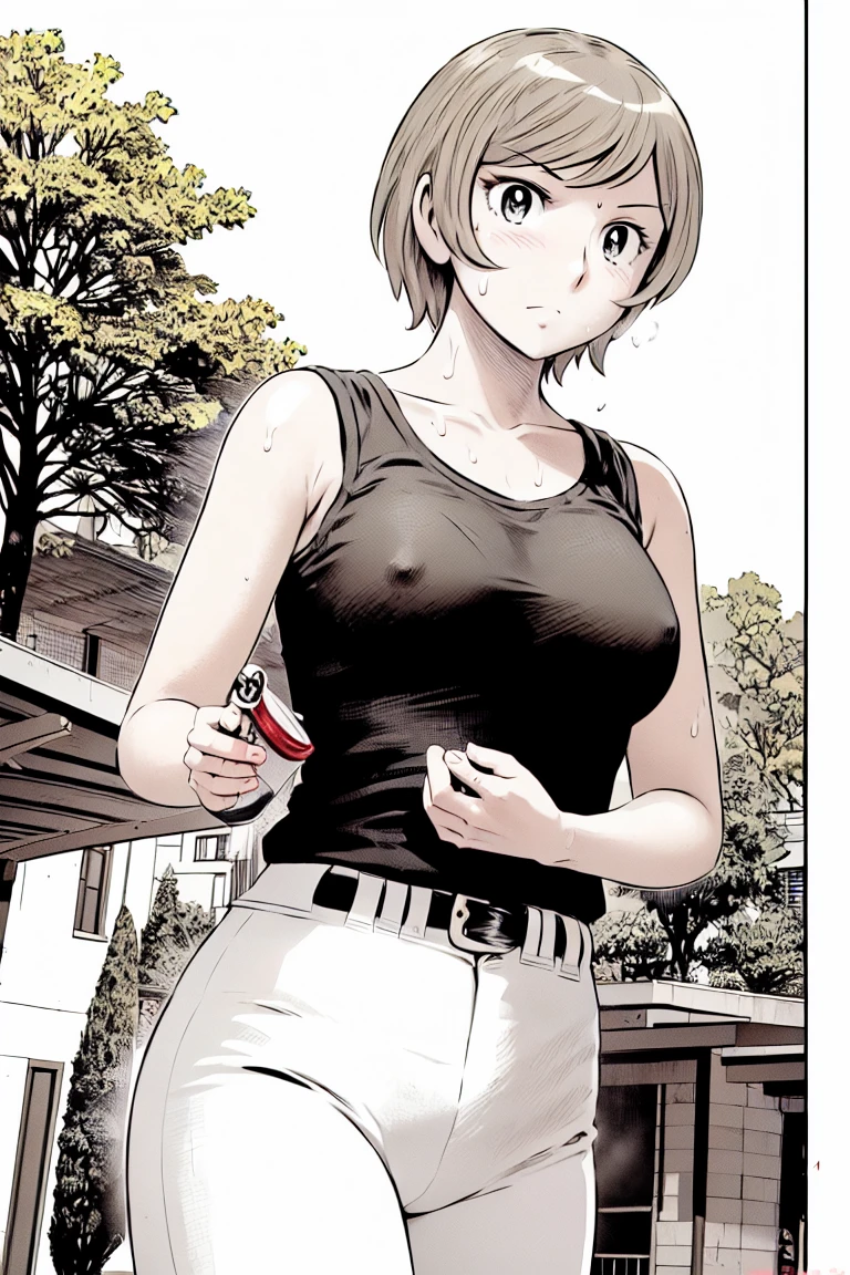 (野球uniform:1.2),
blonde, (short hair:1.2),Long sleeve, Black Shirt, White trousers、uniform、Black belt、((Illustration of people))、Tank top、
View your viewers,, (Highest quality:1.3),One Girl, White pants、uniform、Outdoor、baseball ground、ground、soil、blue eyes、Tight black shirt、(masterpiece、Highest quality)、Highest quality, Ultra-high resolution, (((masterpiece))), alone, Sweat、Big eyes、Large breasts、Torn clothes、 Fully exposed、Nipples、One Girl, Front view、Embarrassed face、Bronze colored hair、((short hair))、Stand up straight、Cowboy Shot