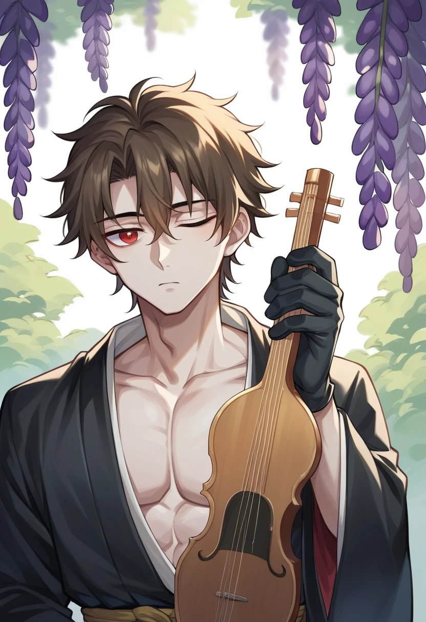 Demon slayer. A 19 year old man with long, thick, brown hair in a half pony tail. The hair is down to his waist and he has red eyes. Also, he wears a plain white haori. Taisho era Japan. Holding an instrument called The Koto. Wisteria trees. Black gloves. Very pale skin. Sleeping on Tengen Uzui's chest.
