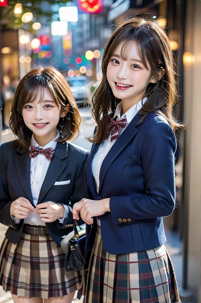 Three Beauties,3 girls, Checked Skirt, a bow tie, winter blazer uniform, smile, big laugh