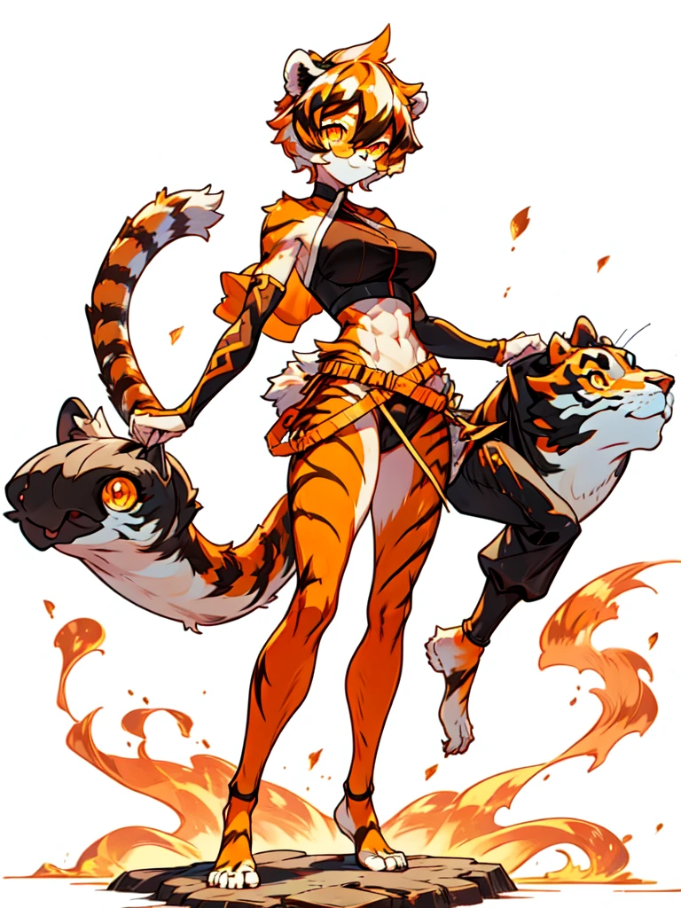 white background, full body, ((furry female:1.2)), Standing, animal ears, white hair, black hair, round eyewear, short hair, large breasts, muscle, tail, orange eyes, orange hair, multicolored hair, tiger girl, hair between eyes, tiger_ears, tiger_tail, orange-tinted_eyewear, tinted_eyewear, big breasts, evil smile, Shadows under feet, Abdominal muscles, (((Hooker outfit:1.2))), show body