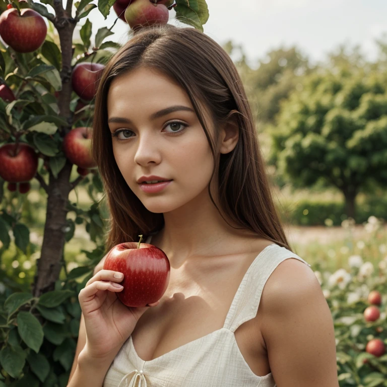 analog photo, a cute girl, 22 years old, holding an apple, in the garden of eden, innocent, Porta 160 color, shot on ARRI ALEXA 65, bokeh, sharp focus on subject, full body , shot by Don McCullin, nsfw,