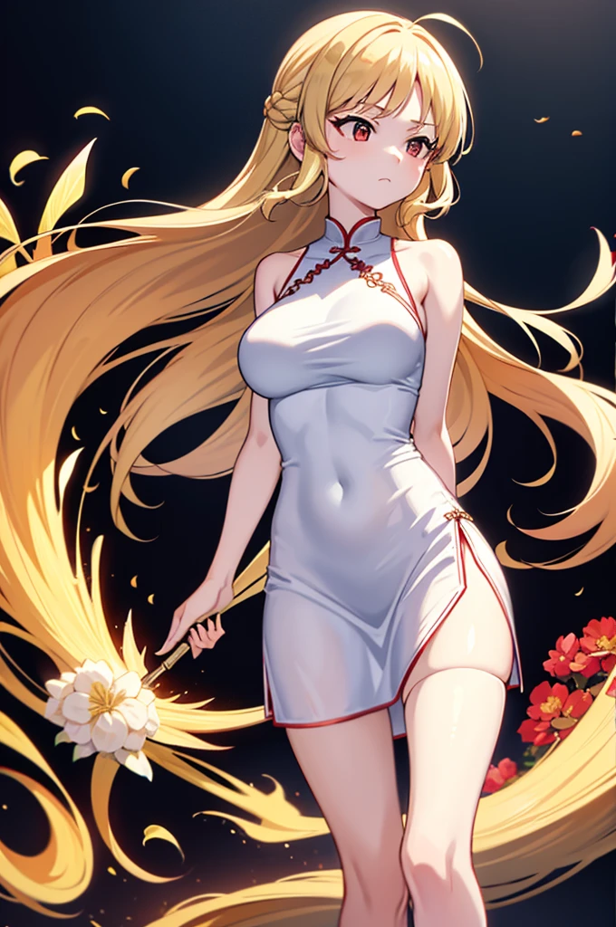 1 woman, solo, breasts, looking at viewer, bangs, blonde hair, simple background, red eyes, white background, dress, exposed shoulders, very large breasts, closed mouth, thighs, sleeveless, alternative outfit, white dress, exposed arms, sleeveless dress, cheongsam, hair intake, floral print, antenna hair, cheongsam, pelvic curtain, side slit, leaf print