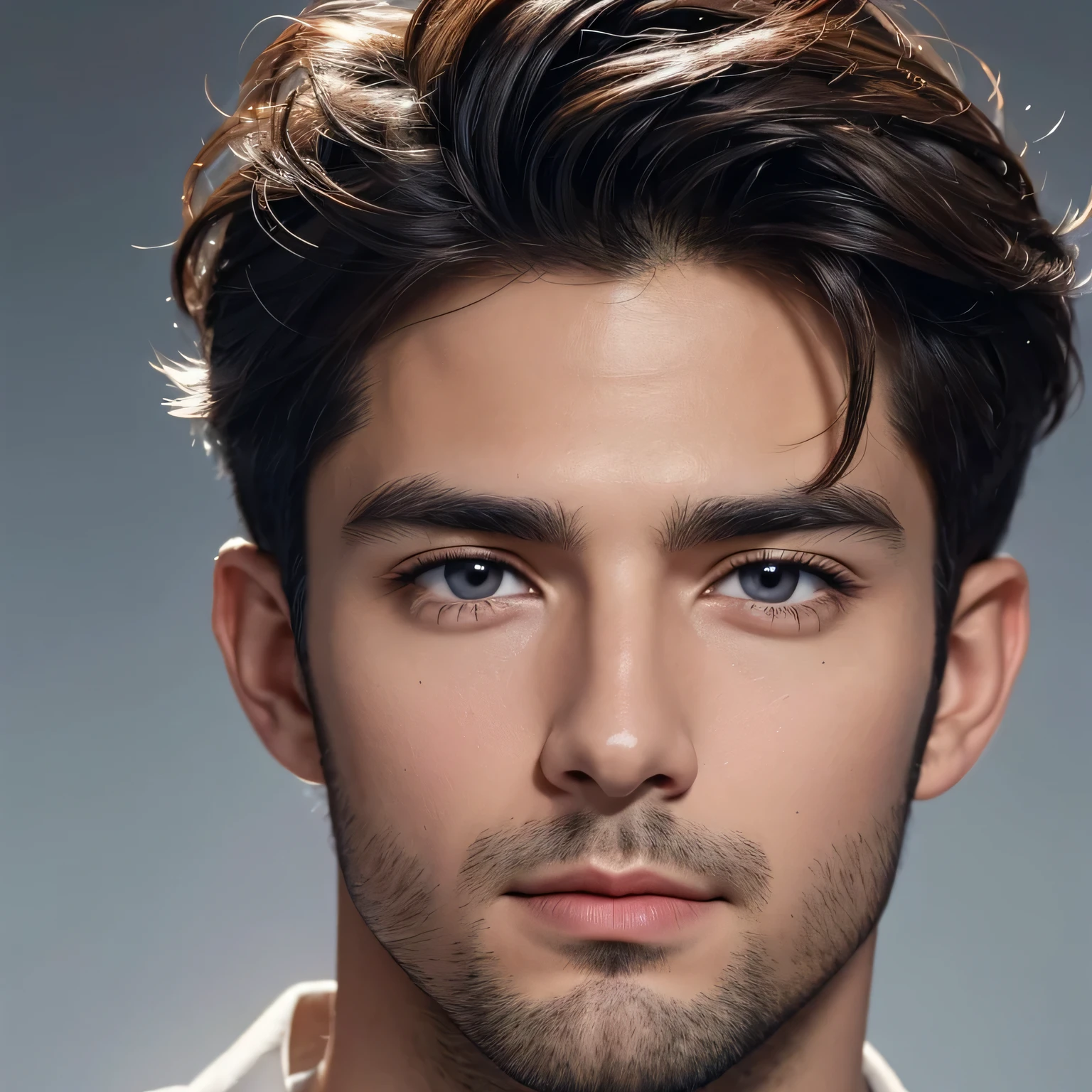 a handsome spanish man in his 20s, frontal view, portrait, plain white background, no facial hair, symmetrical lighting, front lighting, detailed facial features, beautiful eyes, sharp focus, high resolution, photorealistic, hyper detailed