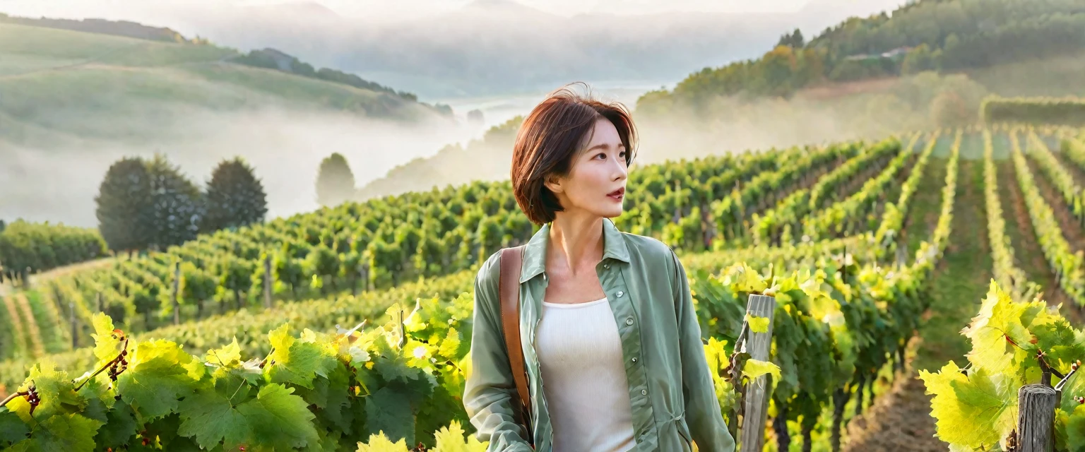 Woman in a beautiful landscape 8K highest quality, Beautiful 36-year-old Korean woman, Chest size 34 inches, Passing through the vineyards in the Swiss countryside, the cathedral is visible through the early morning fog., The back background is realistic and vivid image quality, short medium hair, Casual and British - (summer jacket) ,Perfect and realistic photos, The background is realistic. Full body shot with Canon camera 16-35 wide angle lens, expressionless, Walking up a vineyard hill covered in thick fog., Looking at the front camera