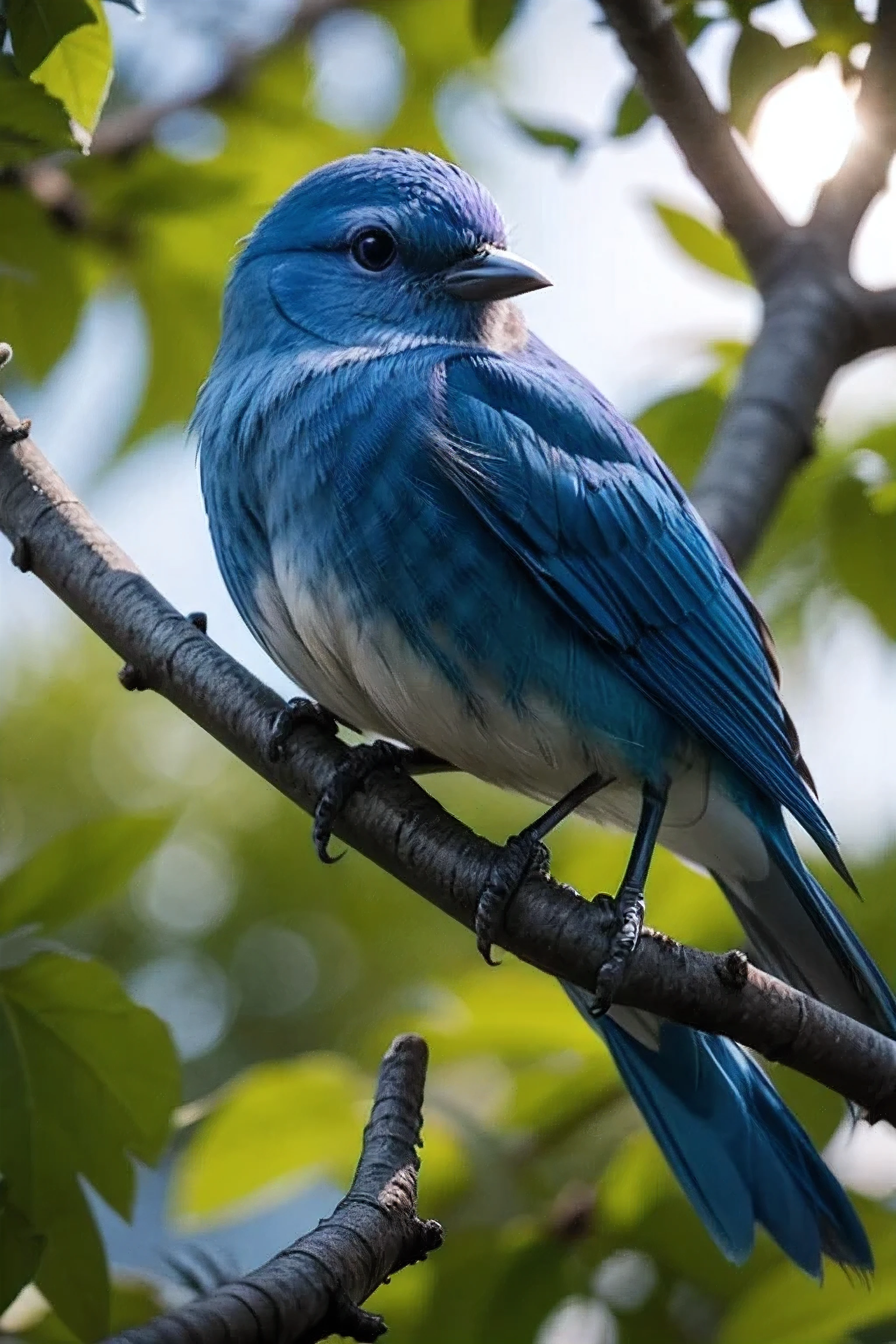 A blue bird, standing on a tree branch looking at the sun