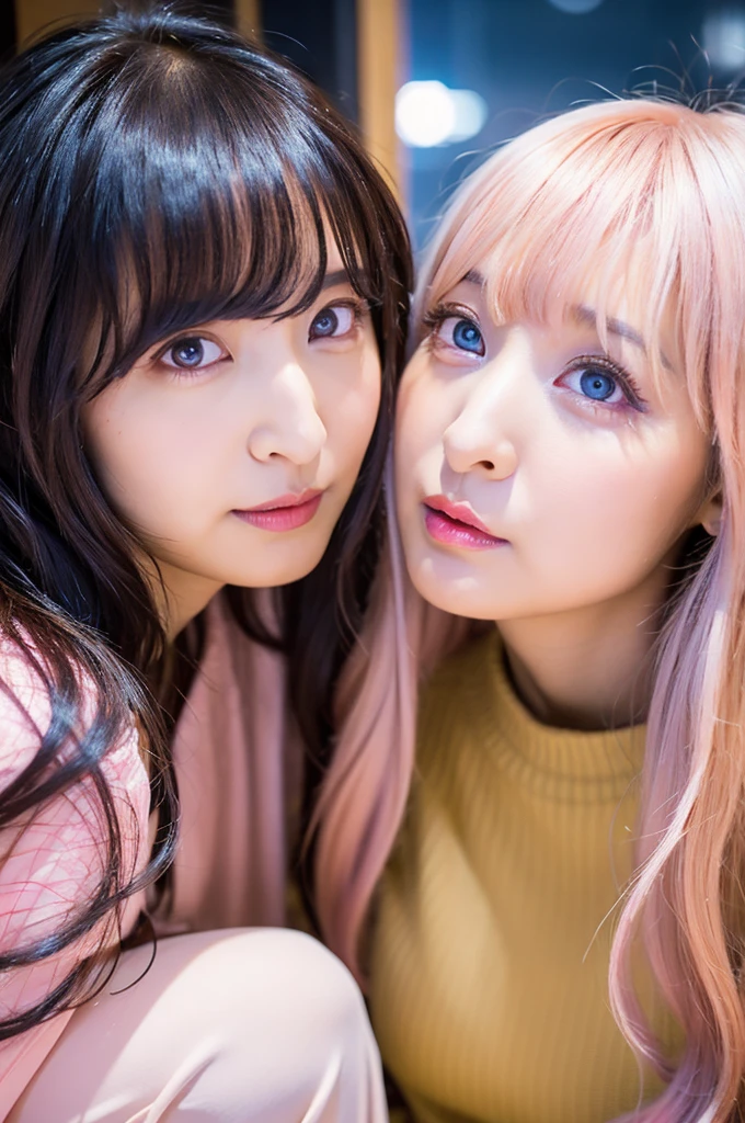 Ai Hoshino, beige pink hair, Blue Hair,Long Hair, favorite , beautiful, Shining Eyes, stars are reflected in my eyes, Idol, ２By people, 2 girls, Long pink hair