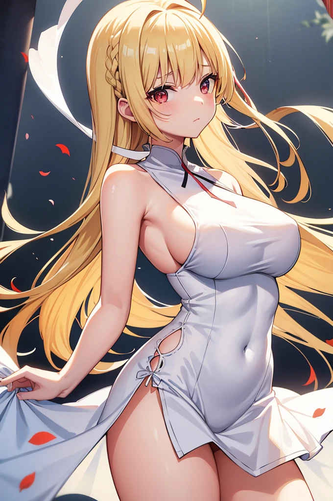 1 woman, solo, breasts, looking at viewer, bangs, blonde hair, simple background, red eyes, white background, dress, exposed shoulders, very large breasts, closed mouth, thighs, sleeveless, alternative outfit, white dress, exposed arms, sleeveless dress, cheongsam, hair intake, floral print, antenna hair, cheongsam, pelvic curtain, side slit, leaf print