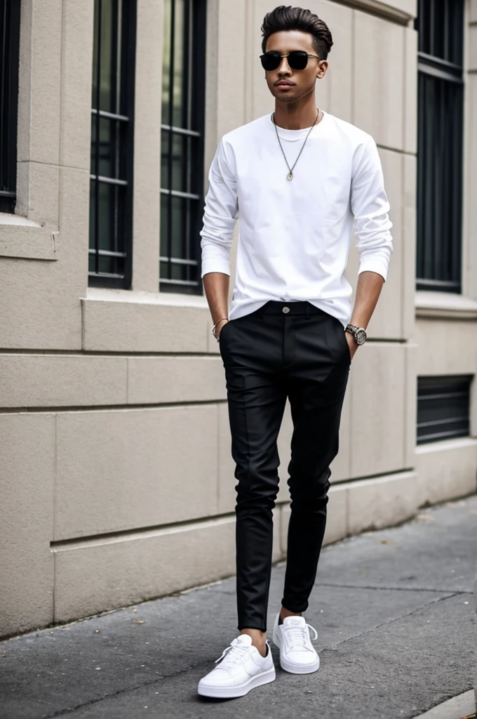 Make an outfit with black pants and white sneakers that looks cool on a skinny man