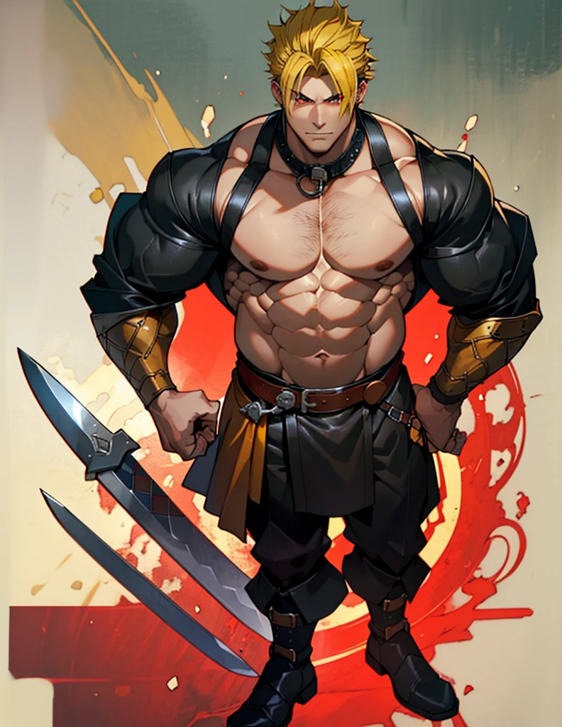 21:12:26 A handsome Galician boy with red eyes, short hair, full body view with a black shirt, medieval clothes and leather boots, sword, blonde hair, yellow hair, open tank top, chest sample