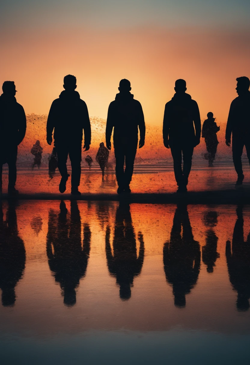 People silhouette art, Multiple Exposure, Sunset, improve, complex, (best quality, masterpiece, representative work, Official Art, professional, Unity 8K wallpaper:1.3)
