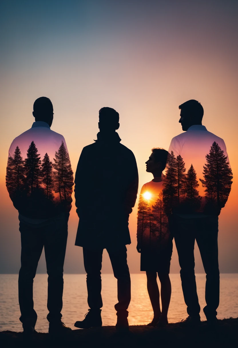 People silhouette art, Multiple Exposure, Sunset, improve, complex, (best quality, masterpiece, representative work, Official Art, professional, Unity 8K wallpaper:1.3)