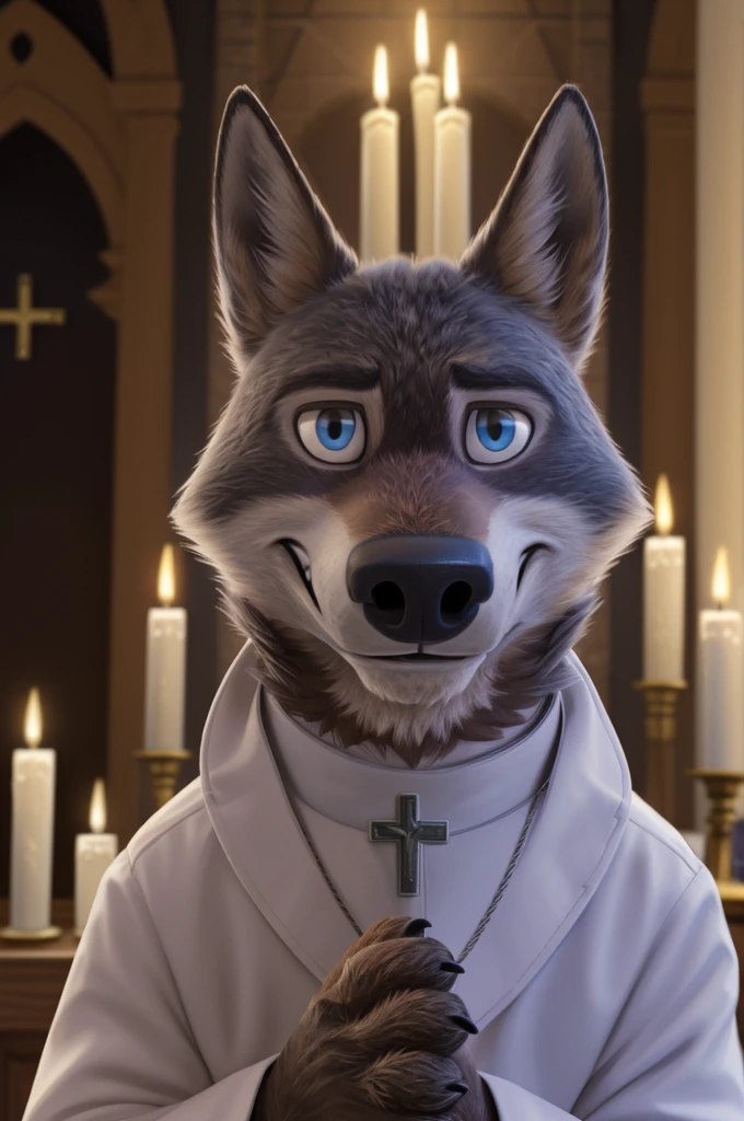 Larry (Zootopia), wolf, Gray Fur, (brown body:1.3), beautiful blue eyes, Zootopia, Pope, Catholic priest,pectoral cross,canine,wolf, detailed fur, male, second, paw pads, claws, looks at the viewer, 5 fingers, paws, 4 toes, in churches, candles altar,
BREAK from nextel, for dating, by xenoforge, (difficult, high detail,digital photography, soft focus, RAW, close to the camera, smile, positive, Good, mood, Houses, looks at the viewer, очень close to the camera, Pope.
Photorealism, realistic, photorealistic,digital style, Subsurface scattering,очень close to the camera
шедевр, Best quality, ultra realistic, 8 thousand.)