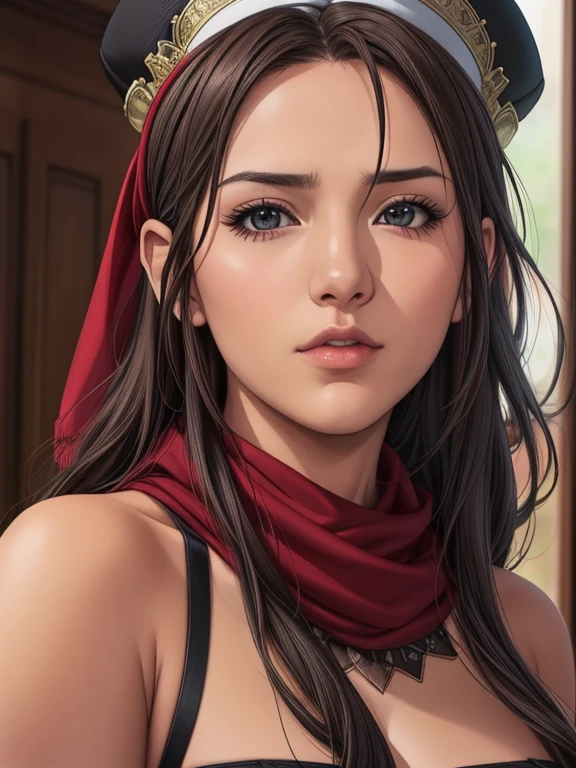 Arabian woman with long hair wearing hat and scarf, Realistic Digital Art 4K, Realistic Digital Art 4K, Soft Portrait Shot 8k, photoRealistic art style, photoRealistic beautiful face, Cinematic realistic portraits, Beautiful digital art, Realistic beautiful face, Realistic art style, 3d rendering character art 8k, Beautiful realistic face, Amazingly realistic graphics