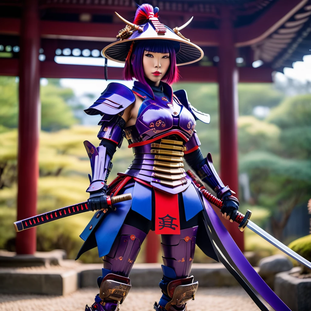 a mechanical Cyborg female Samurai, purple hair, wearing blue and red, robot body parts and high-tech mechanical armor, Asian style hat, holding a samurai sword, Katana, natural light, standing in a high-tech Japanese zen garden, casting shadow style, cowboy shot, front view, 8k, photo realistic