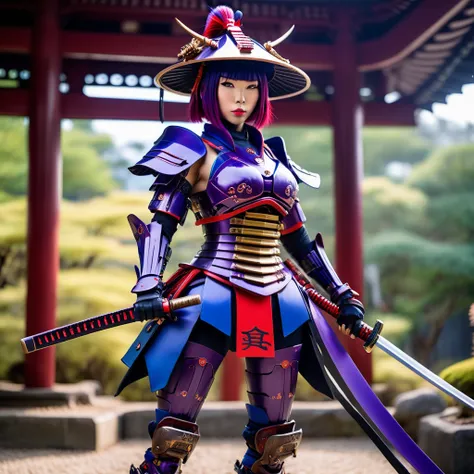 a mechanical cyborg female samurai, purple hair, wearing blue and red, robot body parts and high-tech mechanical armor, asian st...