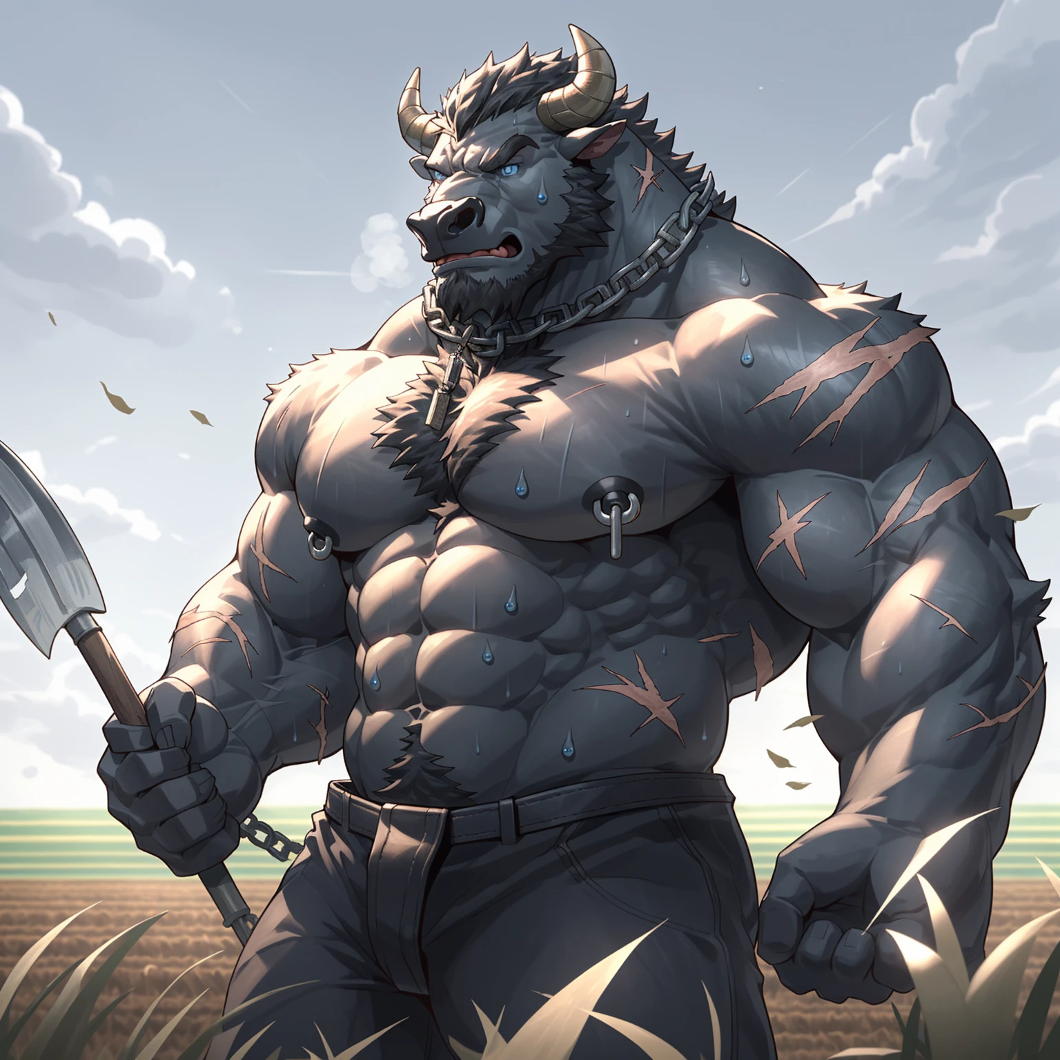 Sweating, muscular, Shirtless, Plowing the fields with farm tools during the day, Anthropomorphic chest hair, Serious expression（scars in the face） Mature （blue eyes）Huge muscular torn abs wild wearing nipple rings and collars prisoners collar linked to chains lock ambitious black bull