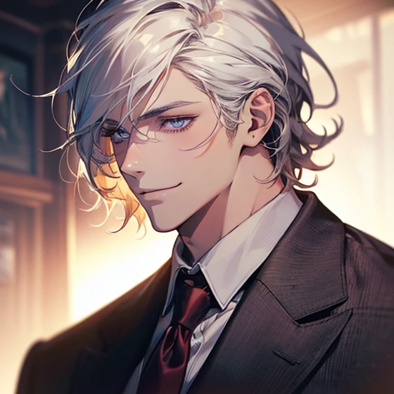 (realistic:1.37,best quality,4k,8k,highres,masterpiece:1.2),ultra-detailed,jovem,masculine Caucasian,deep purple eyes,gentle smile,simple clothing,school atmosphere,medium hair,white hair,slight smile.