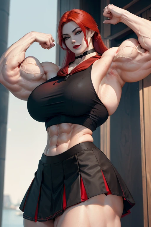 ((((Massive tall, beautiful, buff, pale white skinned muscular asian woman with red hair, black lipstick, ginormous bulky muscles and wearing a beautiful red sailor top with long sailor skirt)))), (close view), (massive muscles), long hair, ((long red sailor skirt)), yellow eyes, choker, (((beautiful red sailor top))), belt, thigh high socks, black boots, (in the docks), (closed smile), night, massive muscles