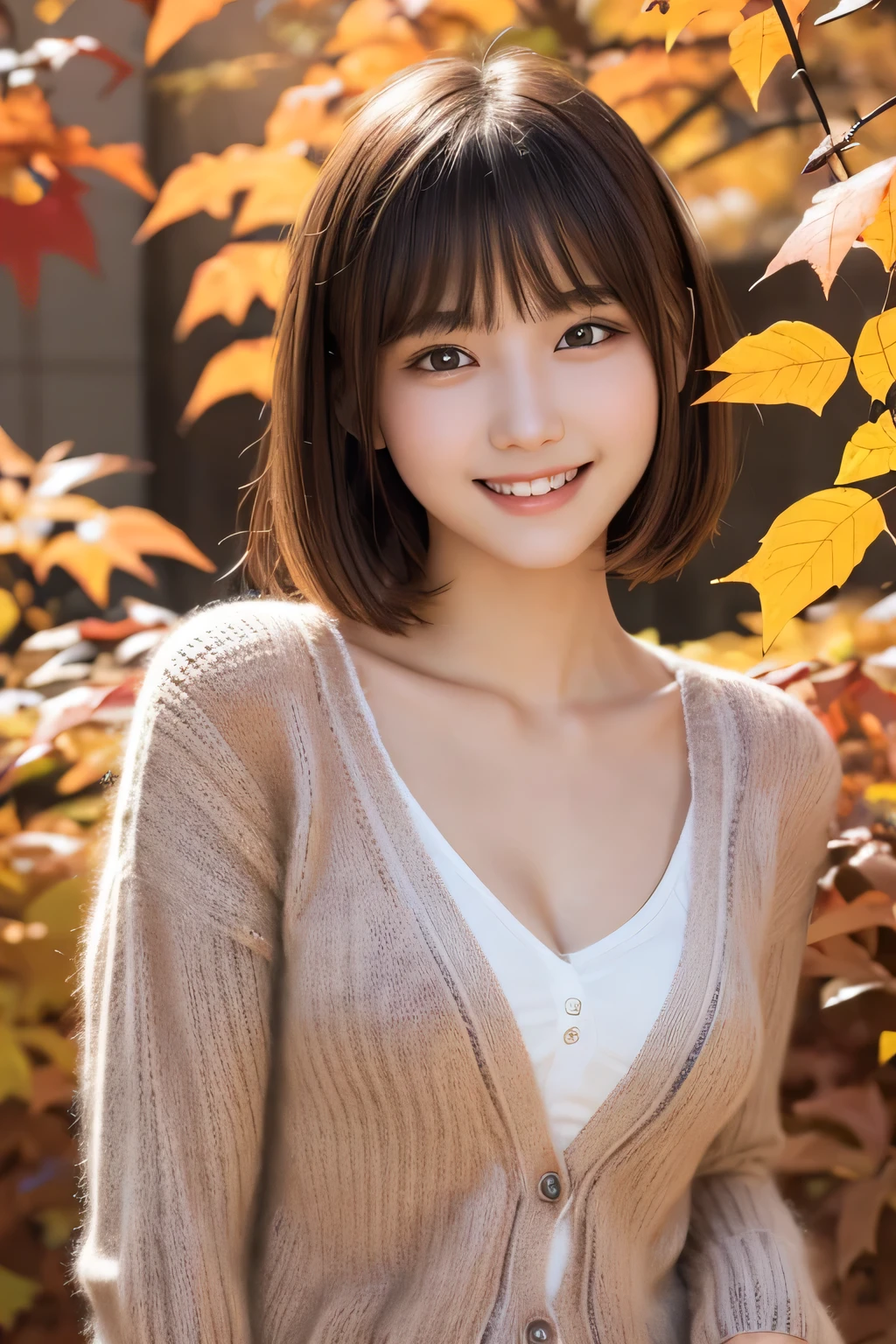 masterpiece, highest quality, One girl, (a beauty girl, Delicate girl:1.3), (:1.3), Very fine grain definition, (Symmetrical eyes:1.3), (autumn leaves:1.2), (girly fashion, knit cardigan:1.3), Small breasts, Brown eyes, Parted bangs, Brown Hair,  girl, (Eyes and facial details:1.0), (Get closer to the face, Zoom in on face, Face Focus:0.1)、extremely detailed nude photo, naked model posing, very young face, beautiful symetrical eyes, smiling at viewer, blushed, makeup, floating short waved hair, natural enormous breasts, slender, long legs, (best quality), (photorealistic), masterpiece, vast landscape in background, film grain,