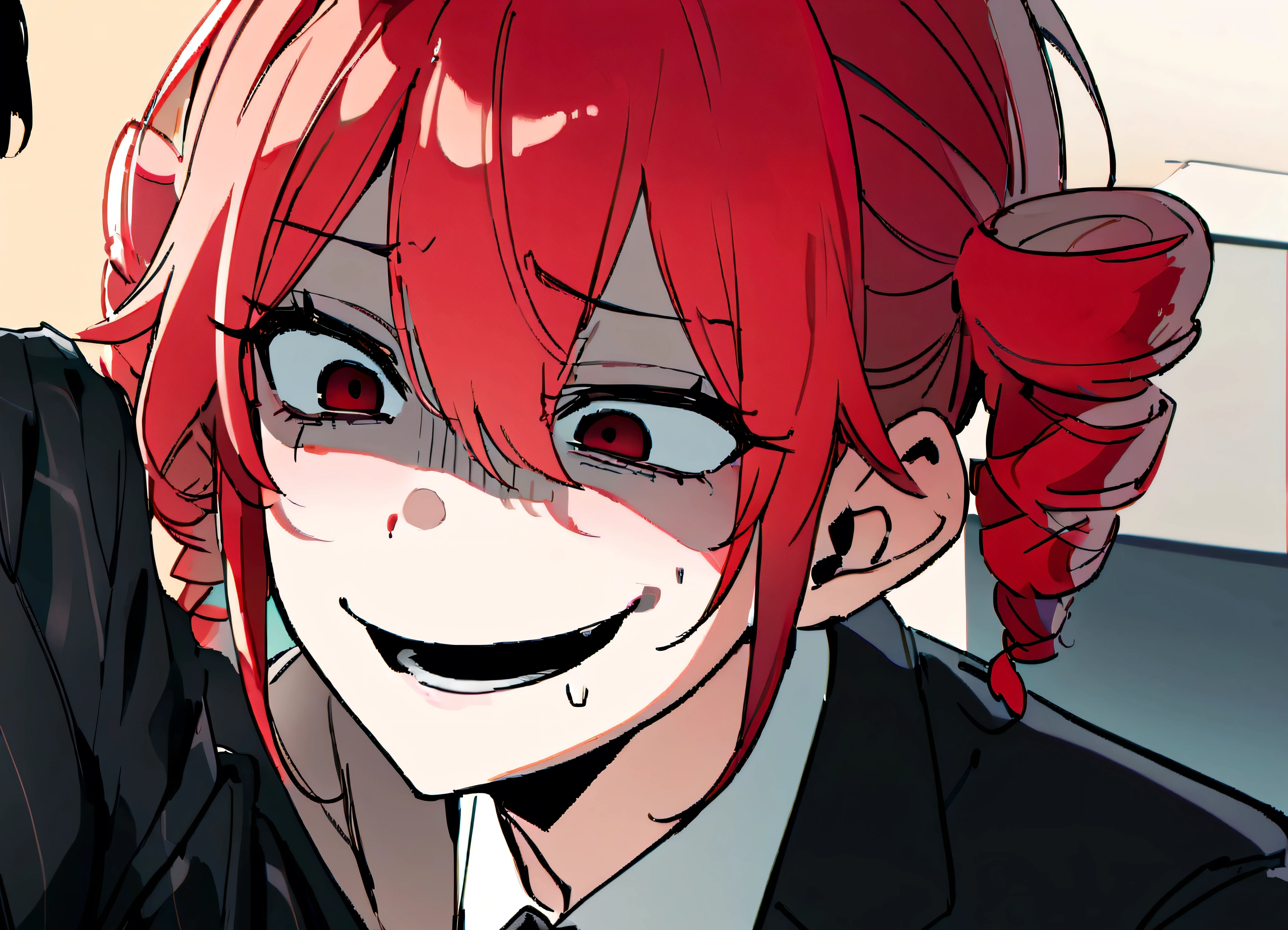 Red hair、Black suit、He hits a dark-haired man in a suit.、Scary smile、office、Daytime