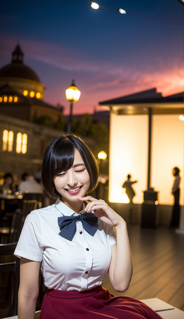 (8K, RAW Photos, Highest quality, masterpiece:1.2), (Realistic, photo-Realistic:1.37), Super detailed,
1 Girl,cute, alone,Beautifully detailed skies,Detailed Cafe,night,Sitting,Date,(Red nose),(smile:1.1),(Mouth closed),Large Breasts, seductive smile, Large opening, Professional Lighting, Sony A7R4, Zesse 50mm F1.8,
Medium chest,Beautiful attention to detail,(Collared shirt:1.1), bow tie,Pleated skirt,(short hair:1.2),Floating Hair 