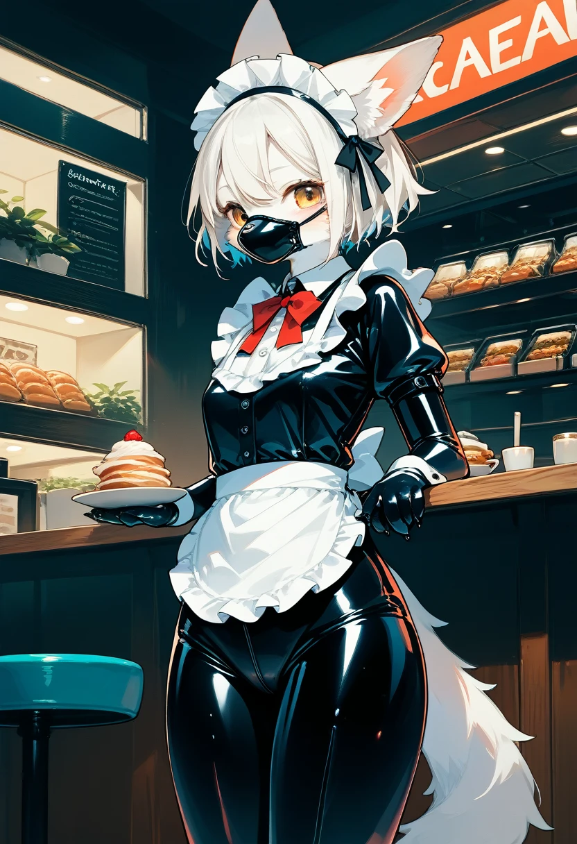 Highest quality, Highest quality, High quality illustrations, masterpiece, Ultra-high resolution, Detailed Background, Cafe, Absurd, Perfect Anatomy, performance, Good lighting, Shadows in the movies(kemono, Furry PersonifiCation), Cat, White Skin, Rubber suit, Rubber suit, latex, neon, neonライト, neonカラー, Rubber maid outfit, ribbon, Rubber mask