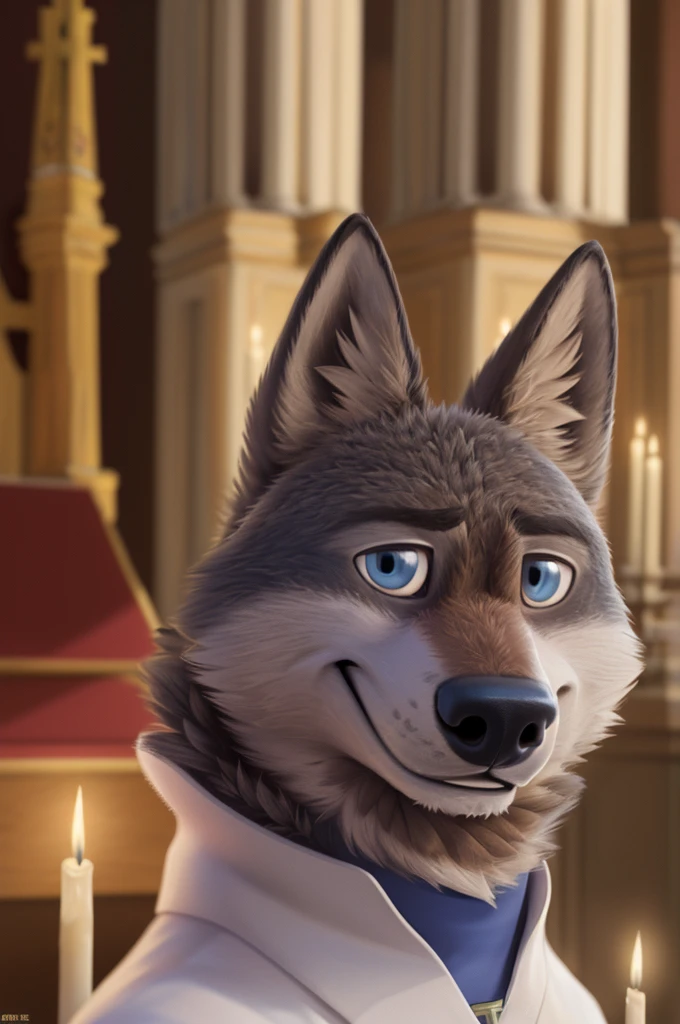 Larry (Zootopia), wolf, Gray Fur, (brown body:1.3), beautiful blue eyes, Zootopia, Pope, Catholic priest,pectoral cross white collar, canine,wolf, detailed fur, male, second, paw pads, claws, looks at the viewer, 5 fingers, paws, 4 toes, in churches, candles altar,
BREAK from nextel, for dating, by xenoforge, (difficult, high detail,digital photography, soft focus, RAW, close to the camera, smile, positive, Good, mood, Houses, looks at the viewer, очень close to the camera, Pope.
Photorealism, realistic, photorealistic,digital style, Subsurface scattering,очень close to the camera
шедевр, Best quality, ultra realistic, 8 thousand.)
