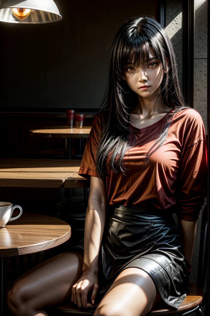 1 girl, red shirt, black skirt, cafe table, sunrise, black hair, straight hair, yellow eyes, solo, sitting on chair, looking at viewer, dramatic lighting, coffee on table