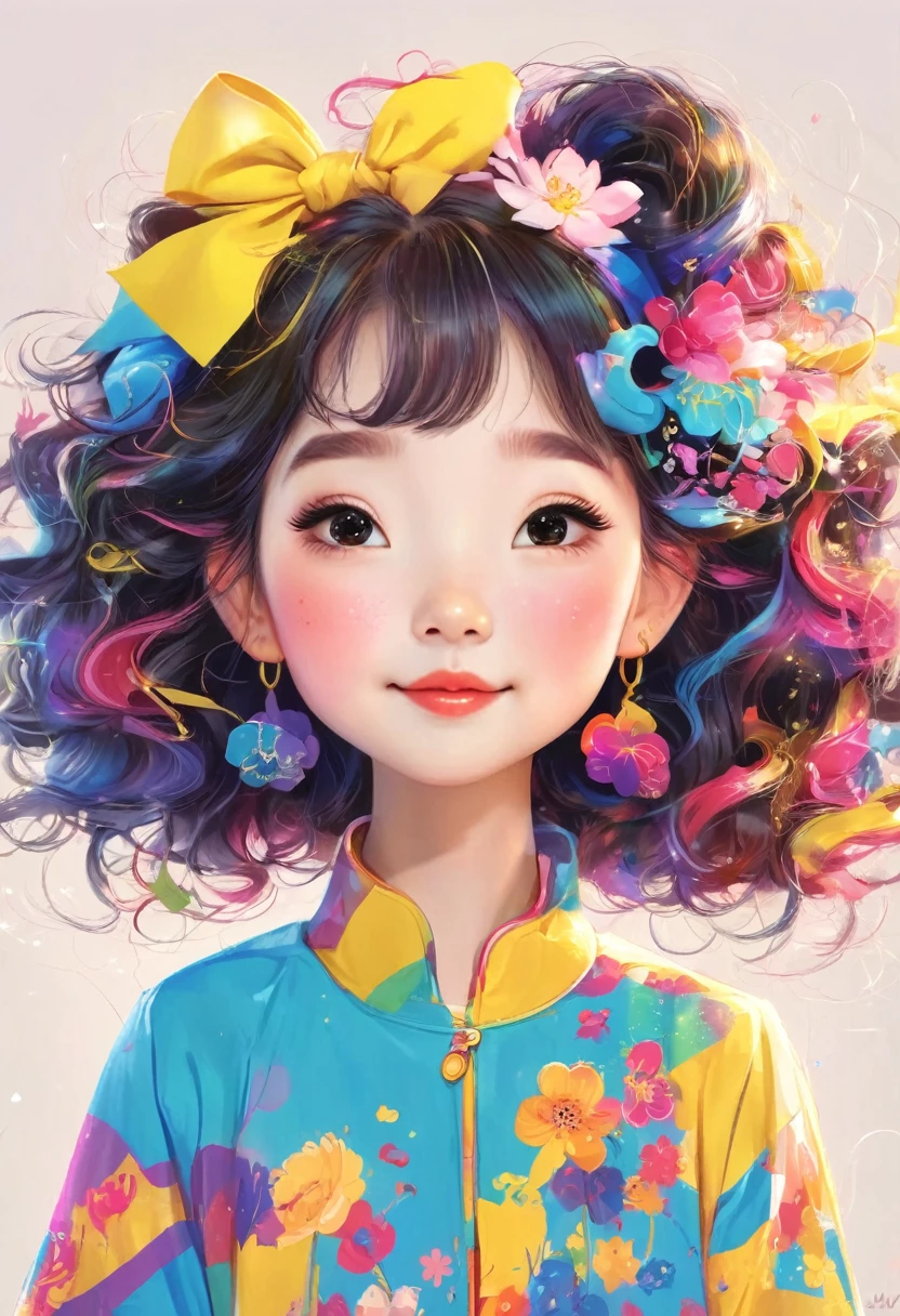 一位有着卷发和color毛衣的女孩的画, Colorful! Character Conception, cute的, Bright colors，cute, cute的艺术风格, cute的 illustrations, cute卡通, cute的角色, Short full body portrait!, Shenzhen colorfull illustration, Colorful illustration, There are many colors, Beautifully detailed digital art, color, cute的 cartoon characters, cute的 kawaii girl, Beautifully detailed artwork