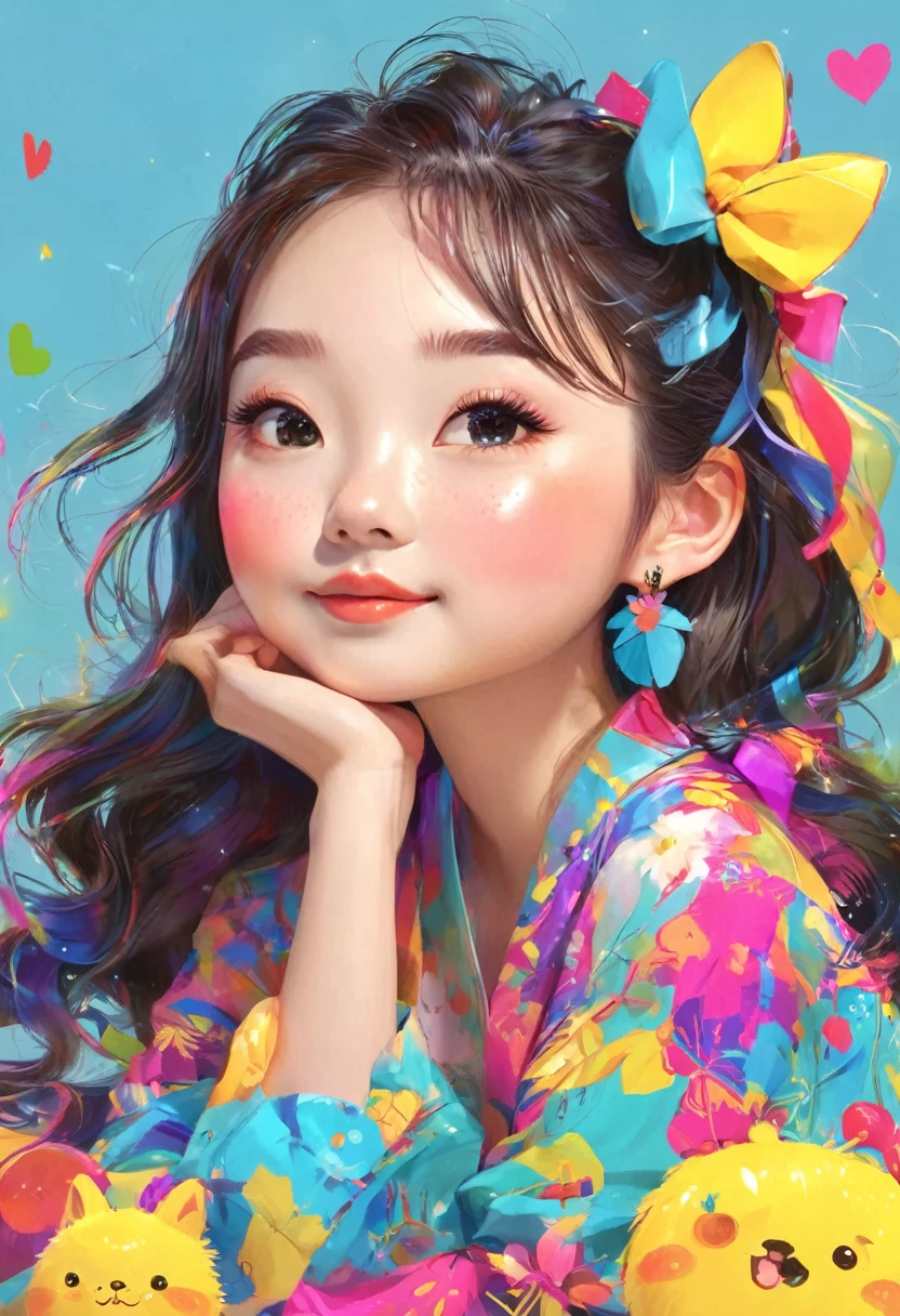 一位有着卷发和color毛衣的女孩的画, Colorful! Character Conception, cute的, Bright colors，cute, cute的艺术风格, cute的 illustrations, cute卡通, cute的角色, Short full body portrait!, Shenzhen colorfull illustration, Colorful illustration, There are many colors, Beautifully detailed digital art, color, cute的 cartoon characters, cute的 kawaii girl, Beautifully detailed artwork