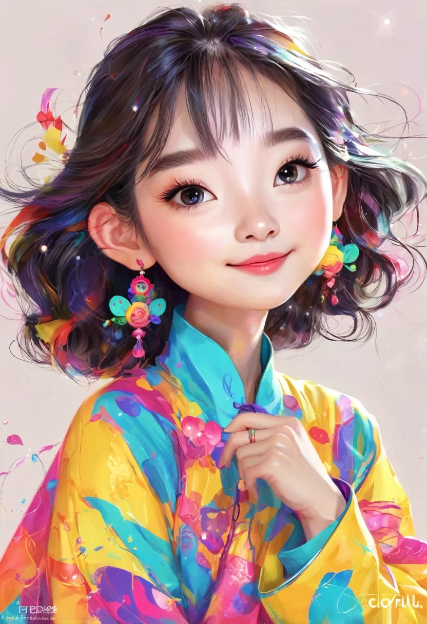 一位有着卷发和color毛衣的女孩的画, Colorful! Character Conception, cute的, Bright colors，cute, cute的艺术风格, cute的 illustrations, cute卡通, cute的角色, Short full body portrait!, Shenzhen colorfull illustration, Colorful illustration, There are many colors, Beautifully detailed digital art, color, cute的 cartoon characters, cute的 kawaii girl, Beautifully detailed artwork