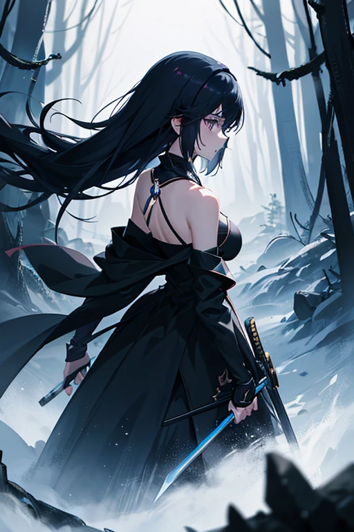 shadow covered girl, covered in shadows, lack shadows in background Anime girls, carrying katana, anime, short black hair with neon blue highlights, hair is above shoulder height, smooth beautiful, 4k, anime art, pendant on hair, cross t necklace, vivid blue dress, battle armor golden armor, little clothing (( Deep in the forest there are stone angels all black and dark, anime dark styler,girl walking forward, camera on the back girl, view from the back, dark colors for the environment, gloomy environment))In this image, we see a girl walking boldly in a dark forest at night. The camera is positioned behind her, highlighting her solitary figure in contrast to the dark surroundings. Her long, loose hair flows in the wind, while her dress and cape add a sense of mystery and vulnerability. Holding a torch, revealing a determined but also vulnerable expression. The image quality is sharp, capturing every detail of the scene and conveying a palpable sense of tension and emotion.(