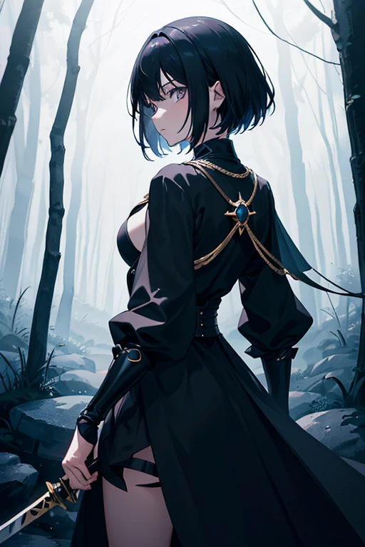 shadow covered girl, covered in shadows, lack shadows in background Anime girls, carrying katana, anime, short black hair with neon blue highlights, hair is above shoulder height, smooth beautiful, 4k, anime art, pendant on hair, cross t necklace, vivid blue dress, battle armor golden armor, little clothing (( Deep in the forest there are stone angels all black and dark, anime dark styler,girl walking forward, camera on the back girl, view from the back, dark colors for the environment, gloomy environment))In this image, we see a girl walking boldly in a dark forest at night. The camera is positioned behind her, highlighting her solitary figure in contrast to the dark surroundings. Her long, loose hair flows in the wind, while her dress and cape add a sense of mystery and vulnerability. Holding a torch, revealing a determined but also vulnerable expression. The image quality is sharp, capturing every detail of the scene and conveying a palpable sense of tension and emotion.(