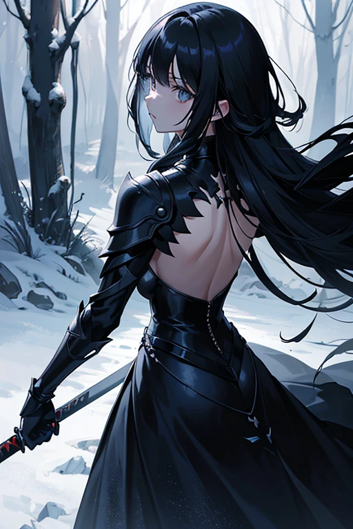 shadow covered girl, covered in shadows, lack shadows in background Anime girls, carrying katana, anime, short black hair with neon blue highlights, hair is above shoulder height, smooth beautiful, 4k, anime art, pendant on hair, cross t necklace, vivid blue dress, battle armor golden armor, little clothing (( Deep in the forest there are stone angels all black and dark, anime dark styler,girl walking forward, camera on the back girl, view from the back, dark colors for the environment, gloomy environment))In this image, we see a girl walking boldly in a dark forest at night. The camera is positioned behind her, highlighting her solitary figure in contrast to the dark surroundings. Her long, loose hair flows in the wind, while her dress and cape add a sense of mystery and vulnerability. Holding a torch, revealing a determined but also vulnerable expression. The image quality is sharp, capturing every detail of the scene and conveying a palpable sense of tension and emotion.(