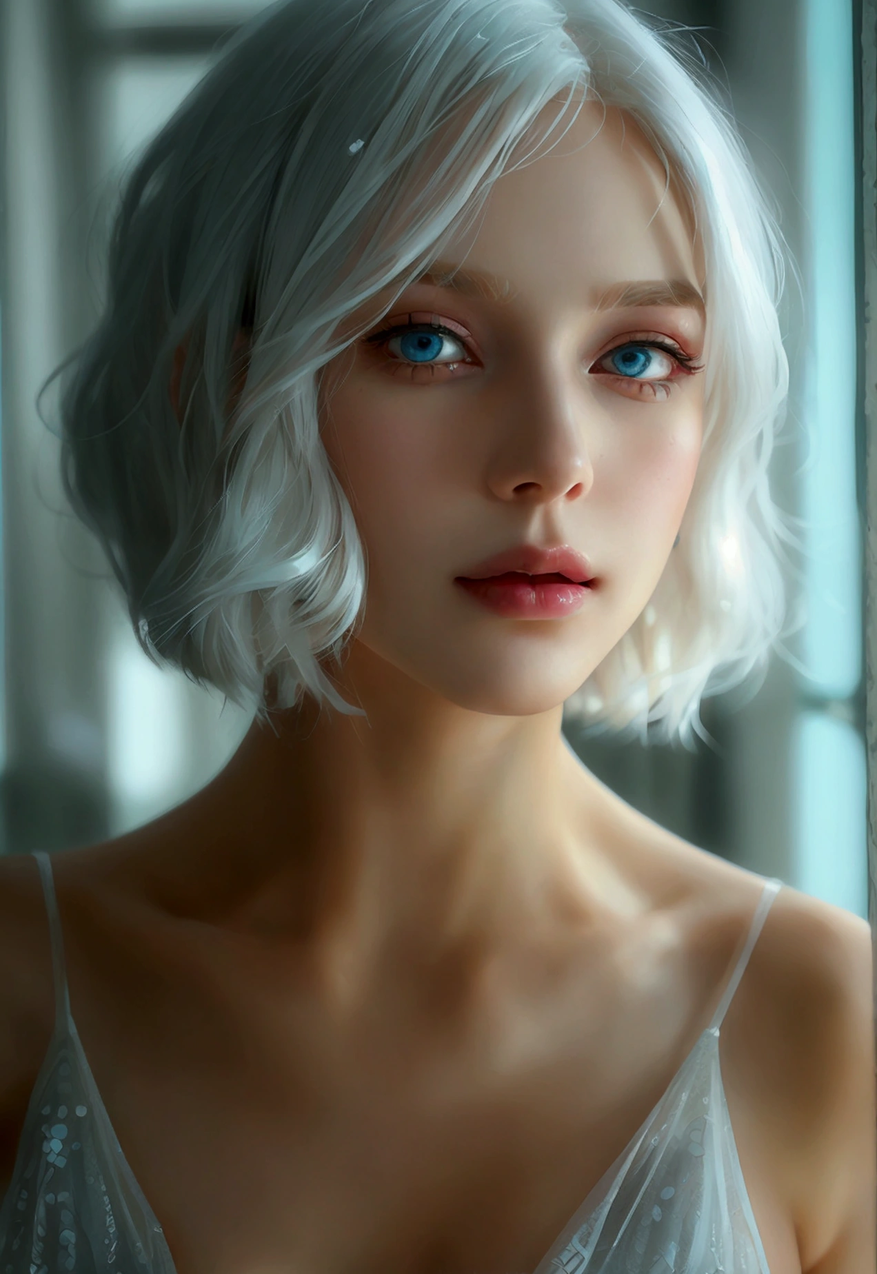 Tall cold Supermodel, very tall, mature beauty face, mid-twenties, pale skin, white hair, bob cut, white eyebrows, full pastel-pink lips, big breasts, tight ass, smooth long legs, ice-blue eyes, short loose cocktail dress