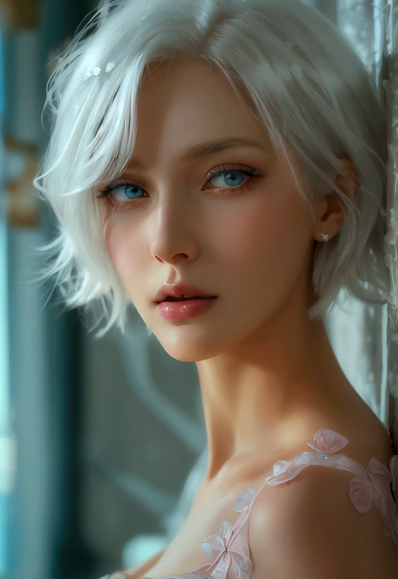Tall cold Supermodel, very tall, mature beauty face, mid-twenties, pale skin, white hair, bob cut, white eyebrows, full pastel-pink lips, big breasts, tight ass, smooth long legs, ice-blue eyes, short loose cocktail dress