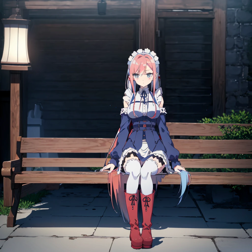 ((is wearing white maid clothes)),(furious), Lace Off-shoulder lolita fashion,beautiful slender woman,high twintails,((mini skirt)),((adult)),((split-color hair , red hair , light blue hair)),((black long boots))