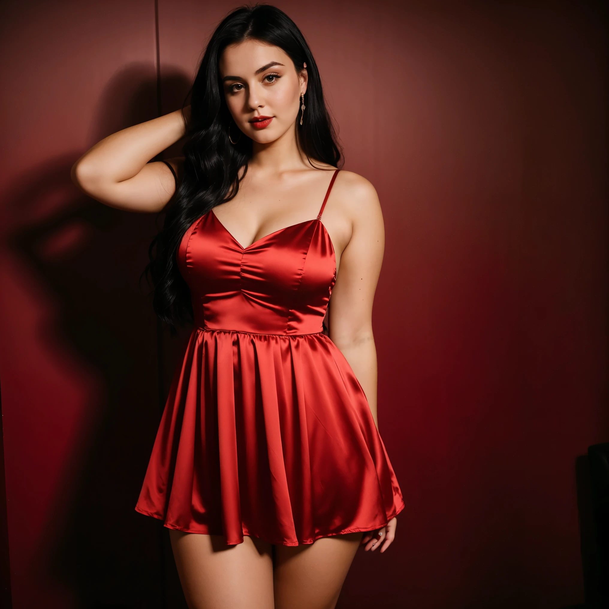 A very cute 25-year-old Australian woman, black hair, gothic, goth, big, big ass, pretty face, small waist, thick thighs, in a short dress, silky red dress, in a night apartment background, standing, ((best quality)), ((masterpiece)), (detailed), perfect face, capture to thighs