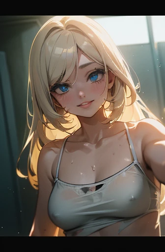 ((Masterpiece)), (Anime:1.3), ((best quality)), (RAW photo: 1.2), (High Definition:1.3), (Professional Photography:1.2), (cinematic lighting:1.5),a beautiful woman, Textured skin, BREAK, ((best quality)), ((big lips)), beautiful blue eyes, (Beautiful daiamond eyes:1.5), Pale blonde hair, unruly hair, long hair, ((grinning)), BREAK, ((dirty and very torn white transparent camisole)), Slender body, sweaty, (kawaii posing:1.4), Slum townscape,