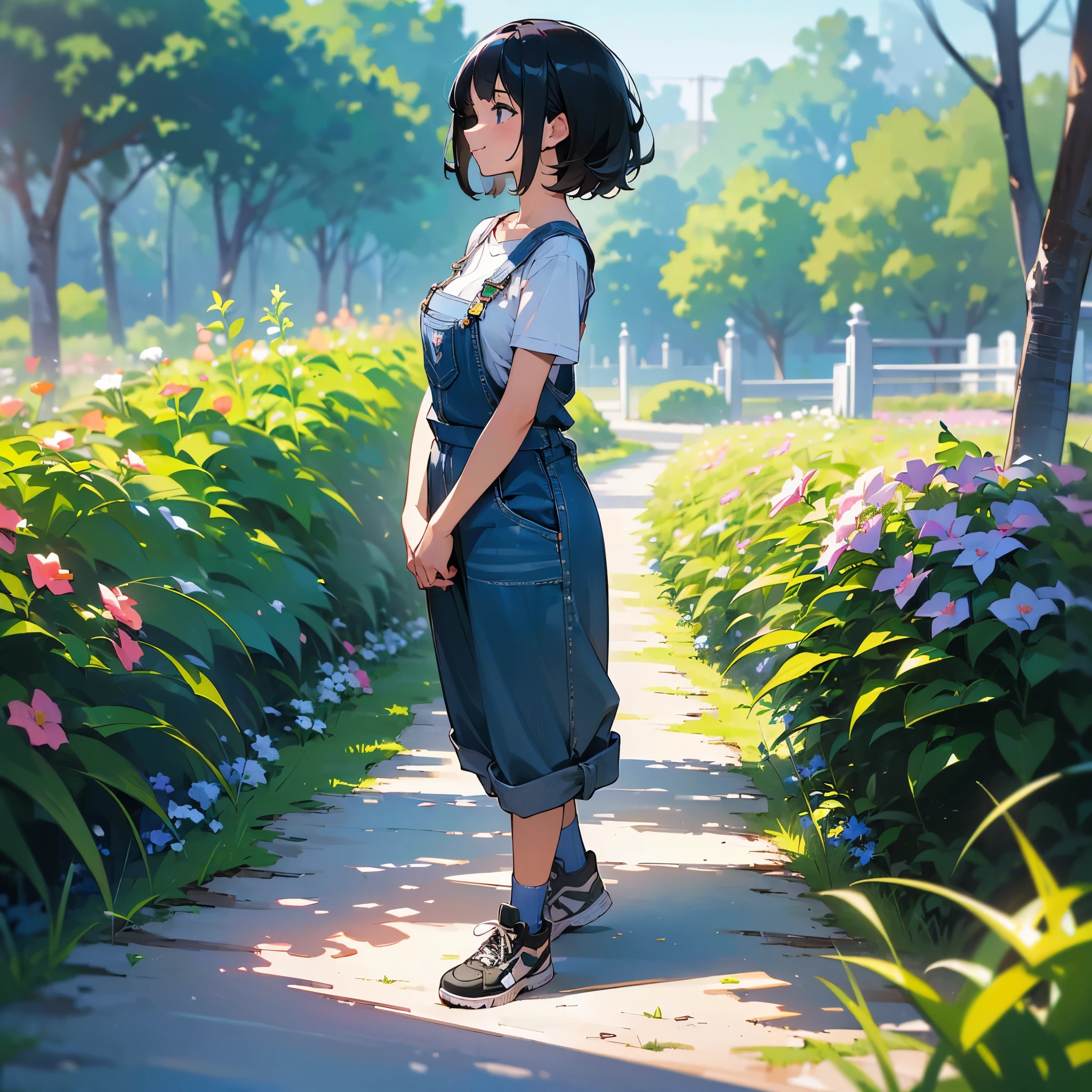 (high quality, High resolution, Very detailed, reality:1.37), Peaceful atmosphere, (Outdoor, garden),  girl standing alone, (my breasts are big.), Beautiful details, Cute Smile, (Black bob hair), Short sleeve shirt, Overalls, Blue socks, sneakers.