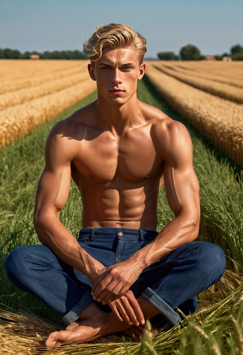 at noveau 1 super hot and sexy fullbody man sitting on the ground in ain a wheat fieldof Art style of leng jun and norman rockwell Specifications, Material, ultra realistic oil painting Lighting, storbe lighting, golden hour Composition, rule ot thirds composition, Details, ultra intricate detailed Colors, intense dark color palette Angle view, fullbody, ((view from front)) Age and race, a young man, blond, His face is thin face, straight nose, thin lips, square chin, large blue light eyes, short blong, wavy hair, in roberto ferri style His body is , white skina esthetic slim athletic body, very tall, latino, realistic skin, gorgeous, realistic detailed tonned muscles, barefoot, perfect anatomy, muscled fitness body, tall, realistic skin, skinny realistic detailed muscles, He is wearing farmer pants, barefoot shirtless, He is doing the action o sitting on the grass , highlight the muscle definition perfect detailed feet, relaxed body lenguaje, relaxed face expresion. In the background, a wheat field Complements, hyper detailed scene, hd, 8k resolution, FULLBODY, 16k resolution, hd,
