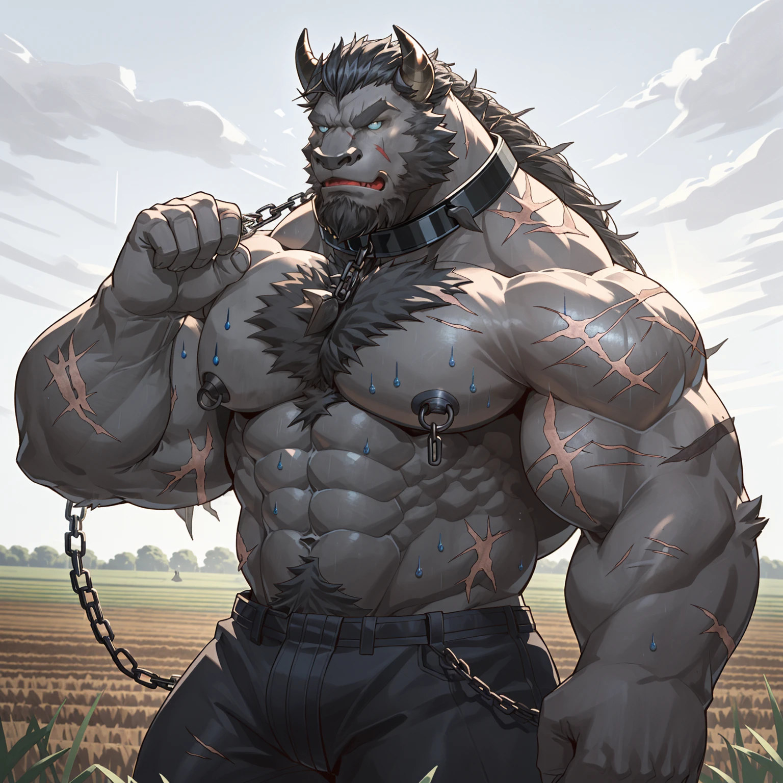 Sweating, muscular, Shirtless, Plowing the fields with farm tools during the day, Anthropomorphic chest hair, Serious expression(scars in the face) Mature (blue eyes)Huge muscular torn abs wild wearing nipple rings and collars prisoners collar linked to chains lock ambitious black bull