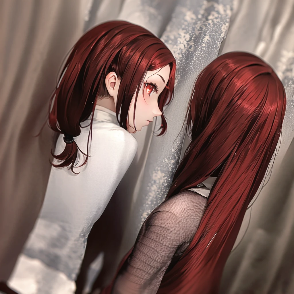 1 girl, dark red hair with two short pigtails, pale, Red eyes, japanese clothes