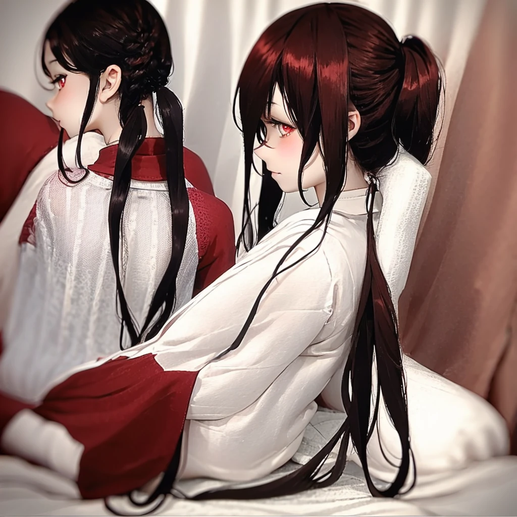 1 girl, dark red hair with two short pigtails, pale, Red eyes, japanese clothes