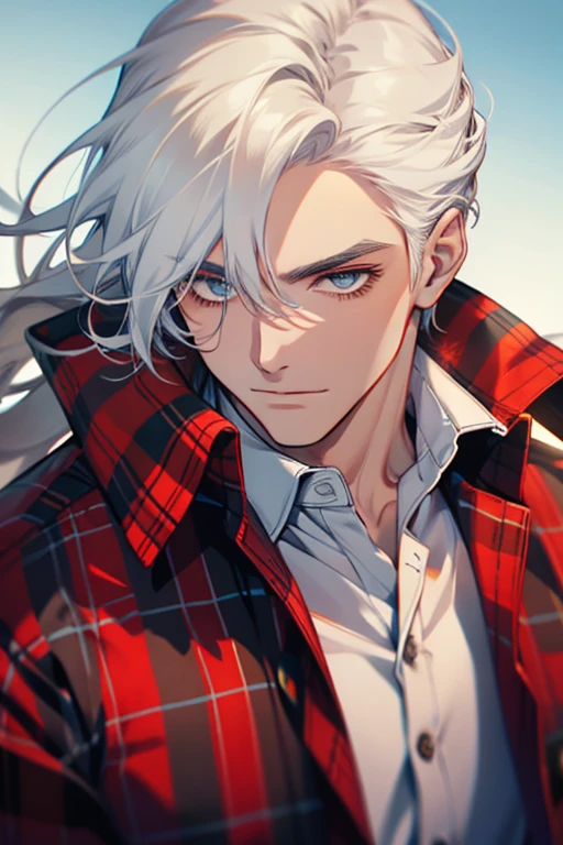 (1 man),close up shot, very long white hair, muscular, flannel shirt, farm background 