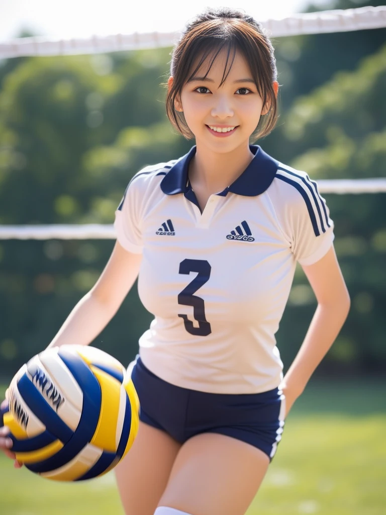 Glossy thighs、(8K、top-quality、​masterpiece:1.2)、(realisitic、Photorealsitic:1.37)、ultra-detailliert、top-quality、超A high resolution、professionally lit、Photon mapping、Radio City、physically-based renderingt、Cinematic lighting、depth of fields,Focusing,Sun'rays,Good composition,,(((1 girl of 12 years))),Double eyes、(((white Volleyball uniform 、Dark blue high-leg low-rise bloomers)))、Gymnasium、A big smile、Gymnasium Court,  (Tween model, 12 year old girl, young)), Ethereal beautiful, slim, very beautiful short hair,Colossal tits、 Toned abs, short cut hair、Soft light, ((David Hamilton Style)),