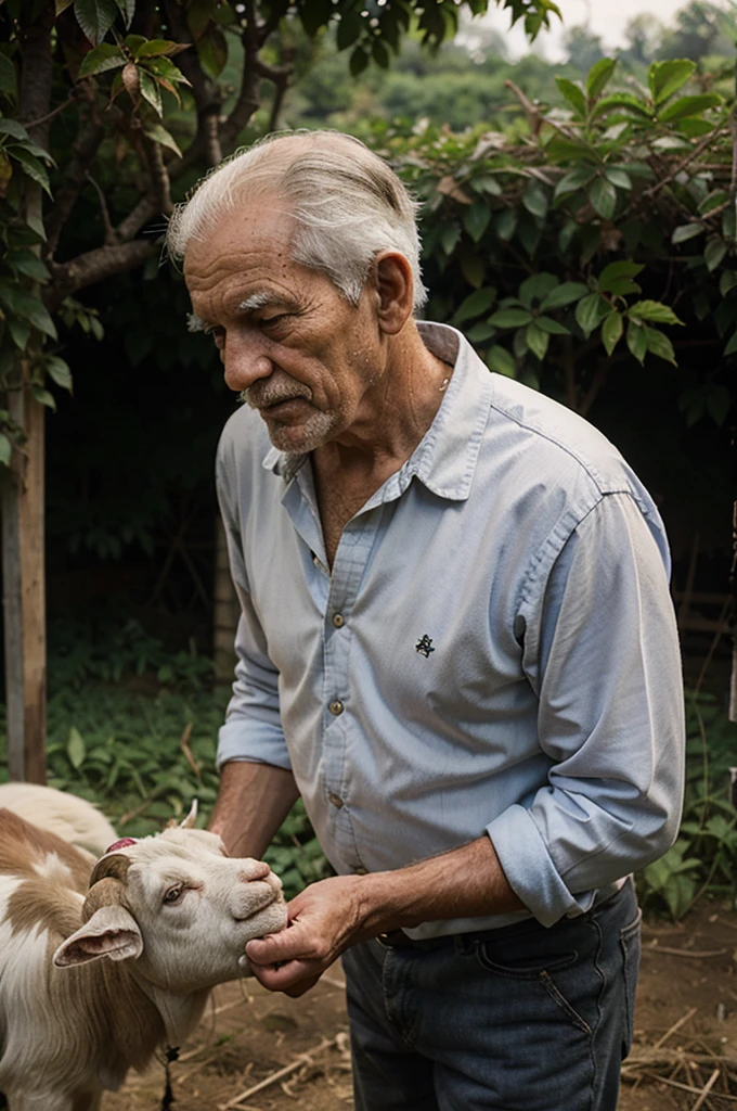 An Old man in Farm with a Goat